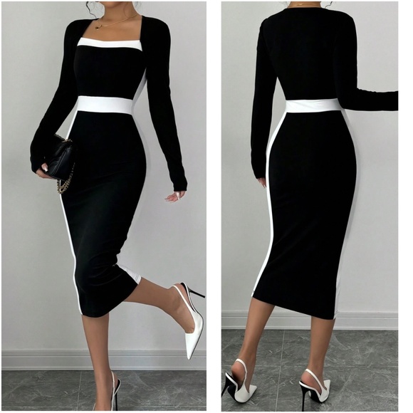 Luxe Color Block Fitted Bodycon Long Sleeve Dress - Picture 4 of 4